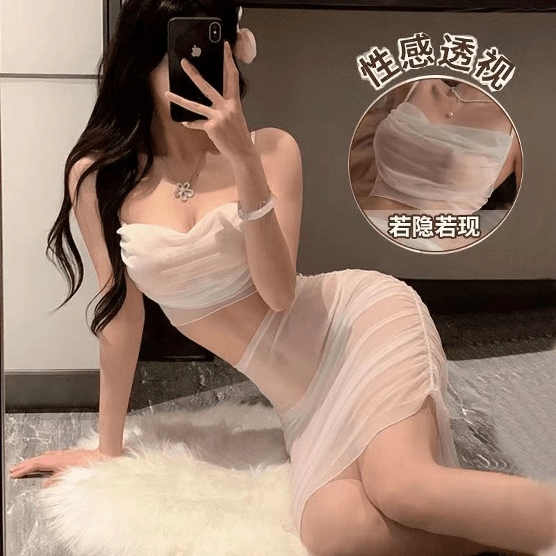 【三点】斩男战服性感挂脖弹力网纱网红连衣裙绑带包臀长款紧身显瘦