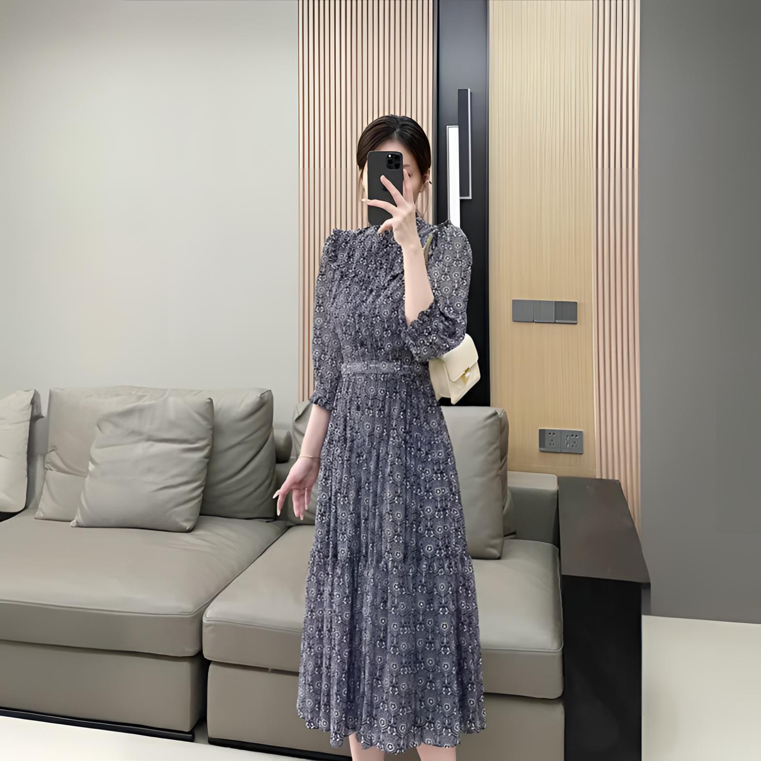 GXO 2025新款复古泡泡袖立领印花连衣裙LYQ0168