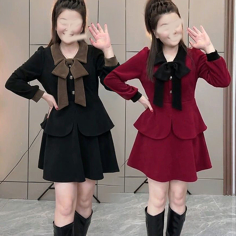 微胖mm蝴蝶结套装秋冬新款时尚百搭大码女装洋气减龄两件套2412