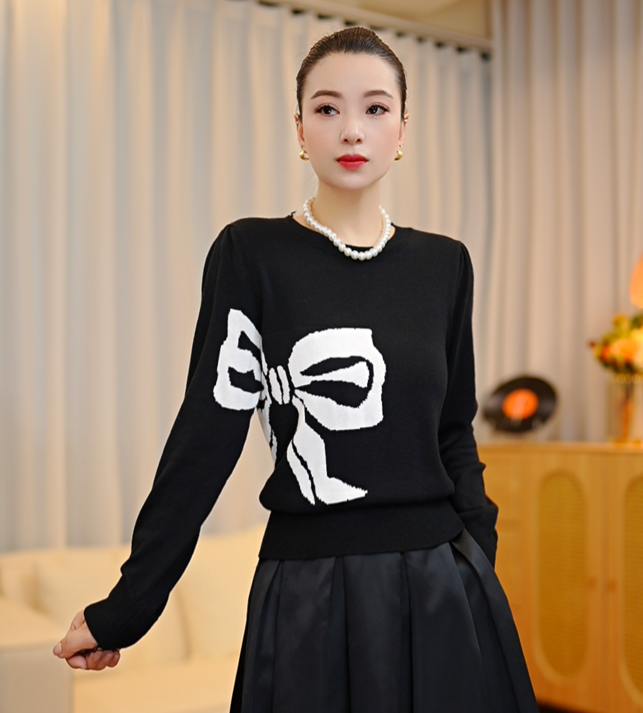 百搭针织衫女2025秋冬必备新款蝴蝶结上衣长袖气质提花