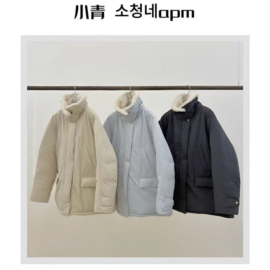 韩国东大门 ERUME/绒绒领斜口袋鸭羽羽