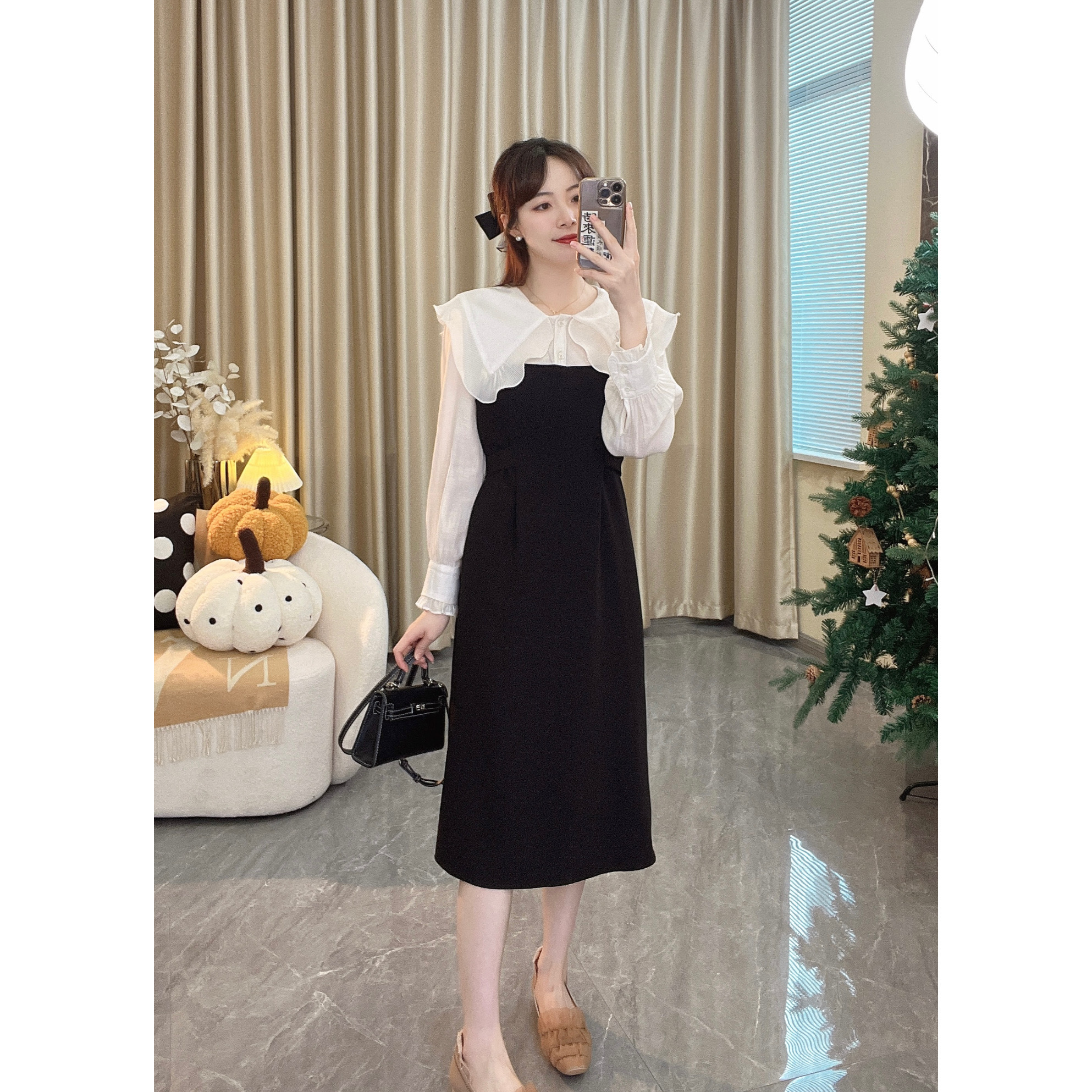 【邂逅倾心C】  法式气质大翻领宽松绑带收腰显瘦设计感a字连衣裙