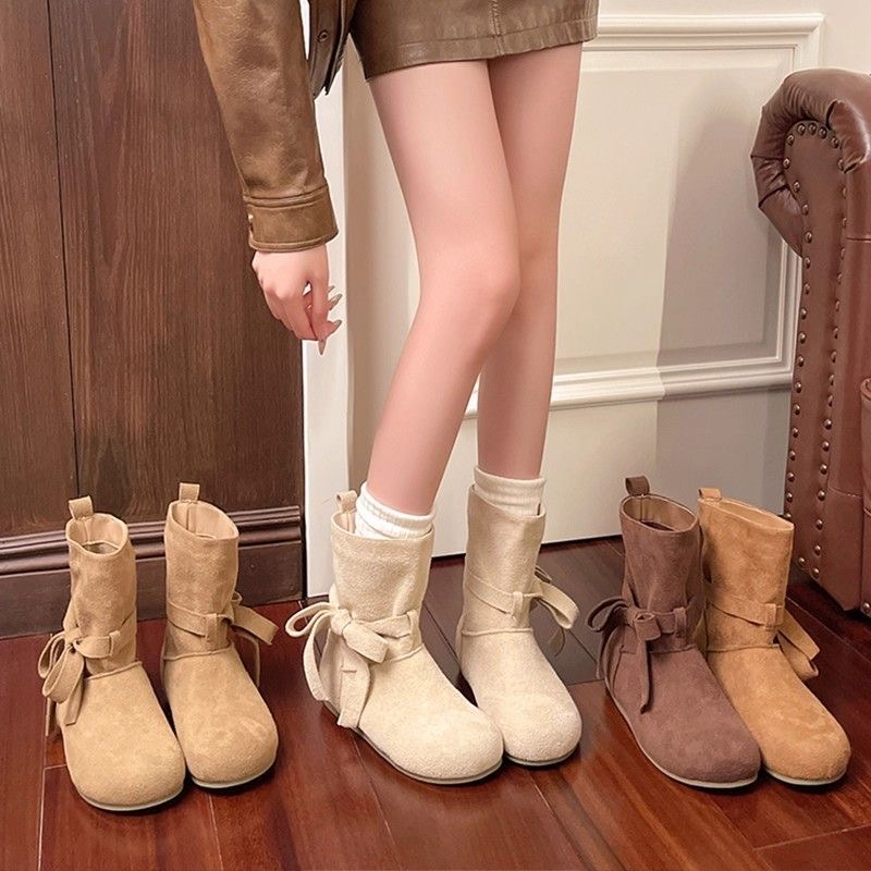 {啊泉}瘦瘦靴复古蝴蝶结马丁靴女2025秋冬季新款时尚百搭平底 川