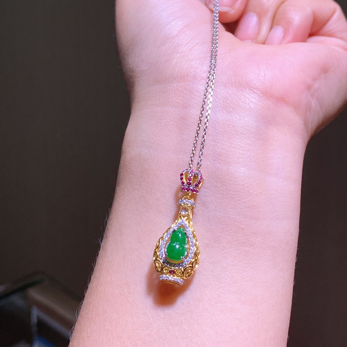 缅甸天然A货翡翠满绿葫芦吊坠s925银