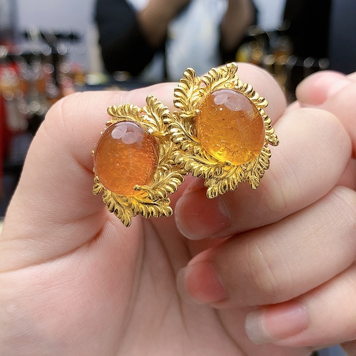 琥珀裸石银S925镶嵌耳坠