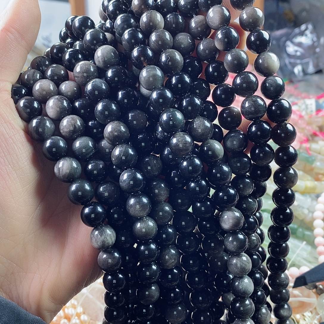 玛瑙/玉髓珠宝半成品合金一条天然10mm银耀石A级圆珠