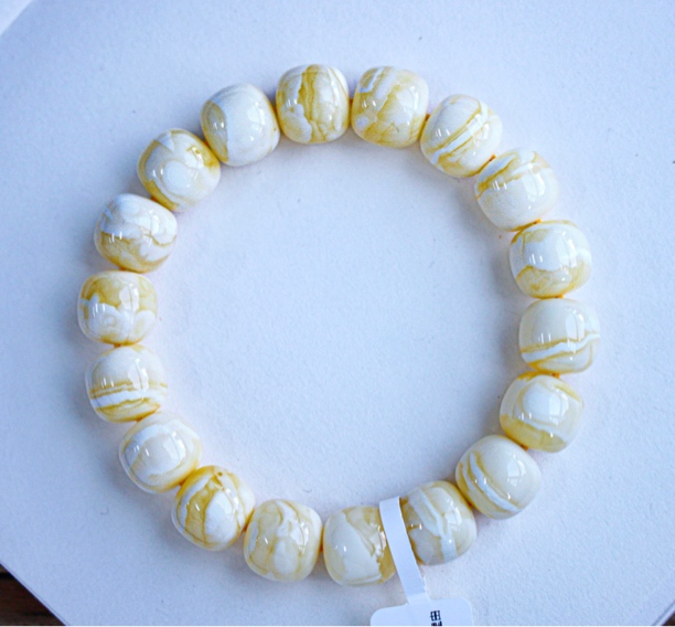 同料12mm俄料瓷白花蜡顺纹老型蜜蜡手串18.38克 虎皮花蜡 精工