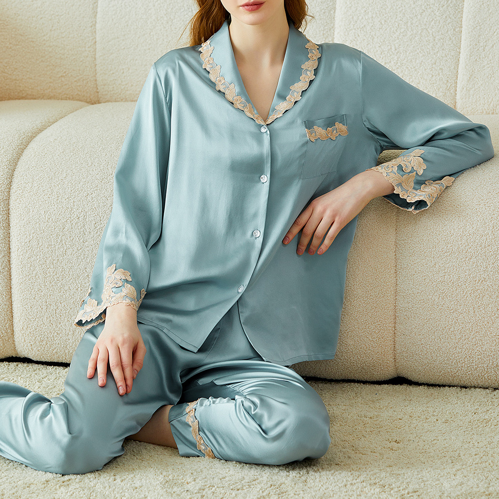 2025新款长袖真丝睡衣套装女 舒适优雅蕾丝边100桑蚕丝家居服春夏