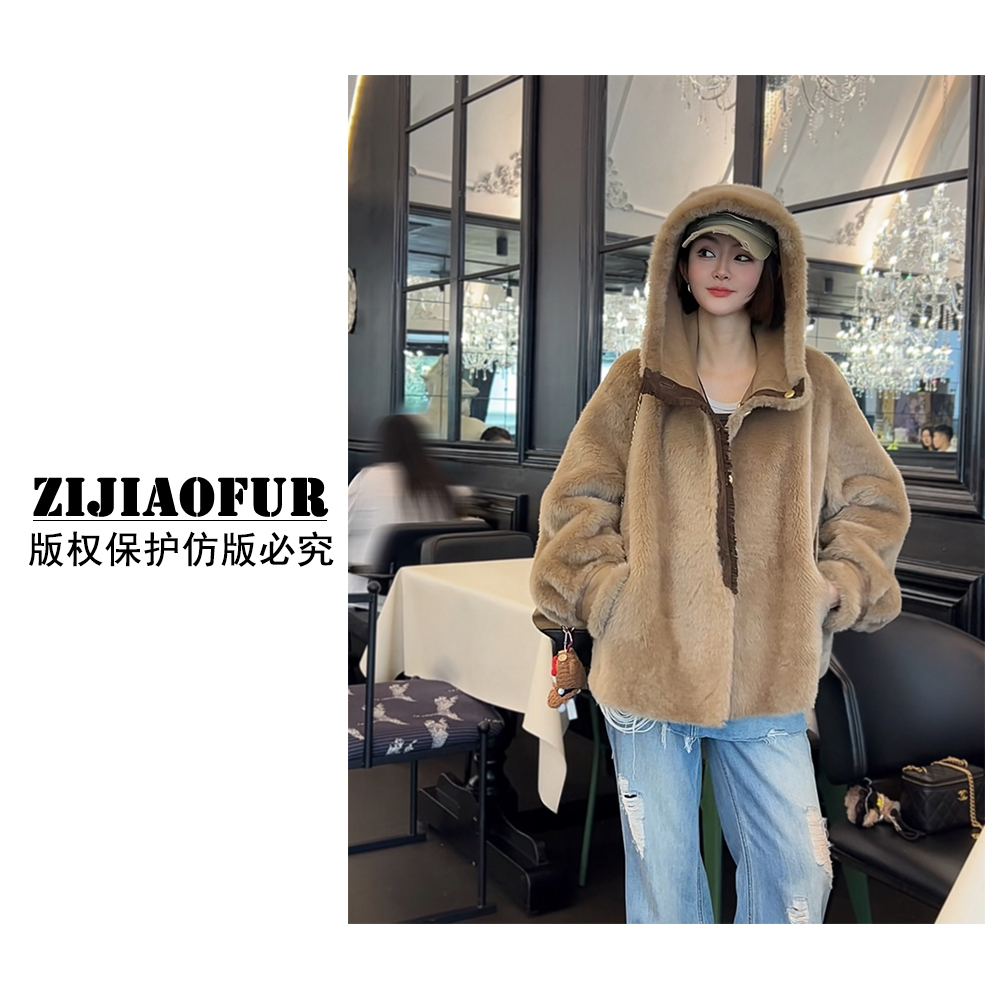 “破晓之光”两面穿巴卡皮毛一体高端设计师连帽皮草外套ZJPZ-2539