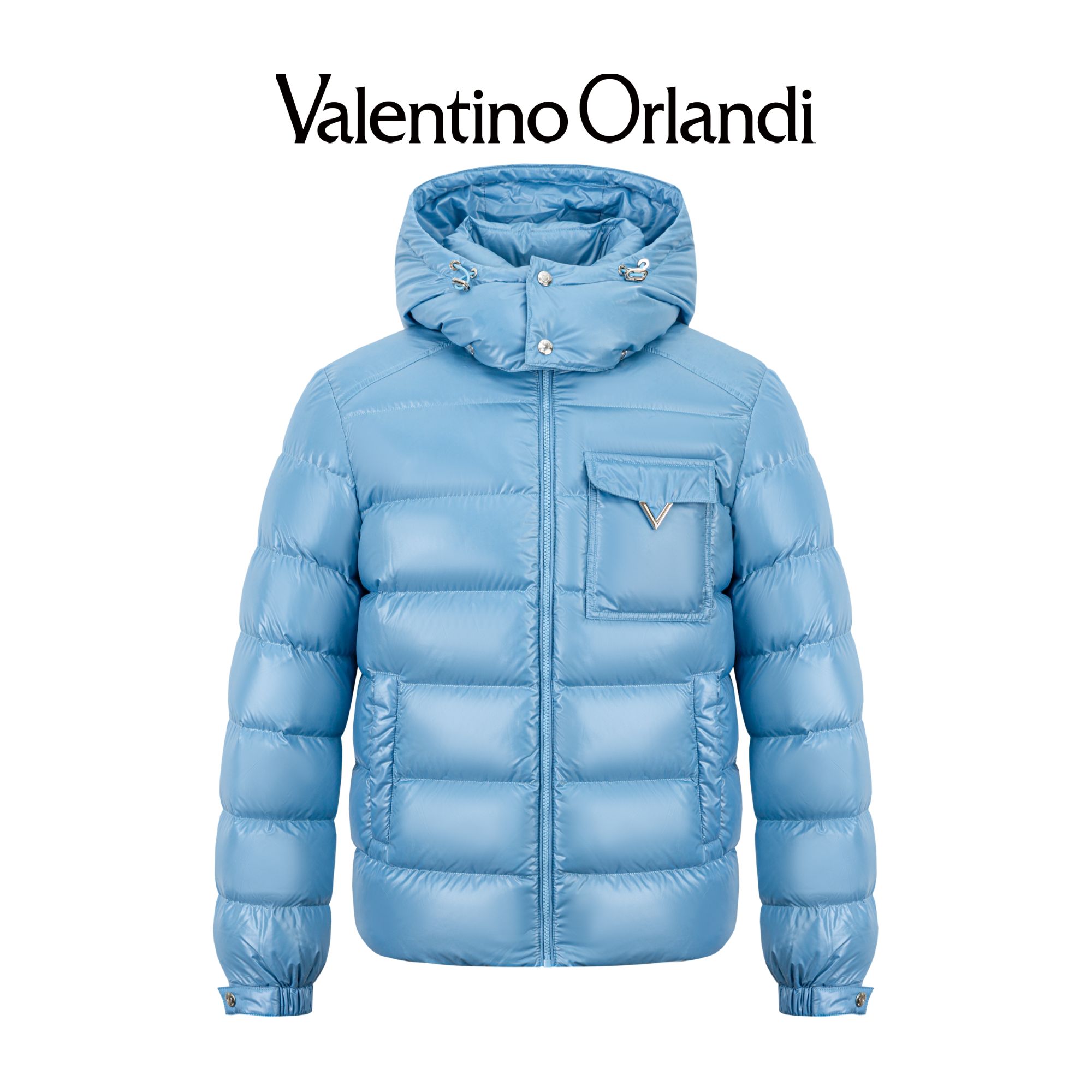 Valentino orlandi男士冬季B版简约百搭金属V标可脱卸帽羽绒服
