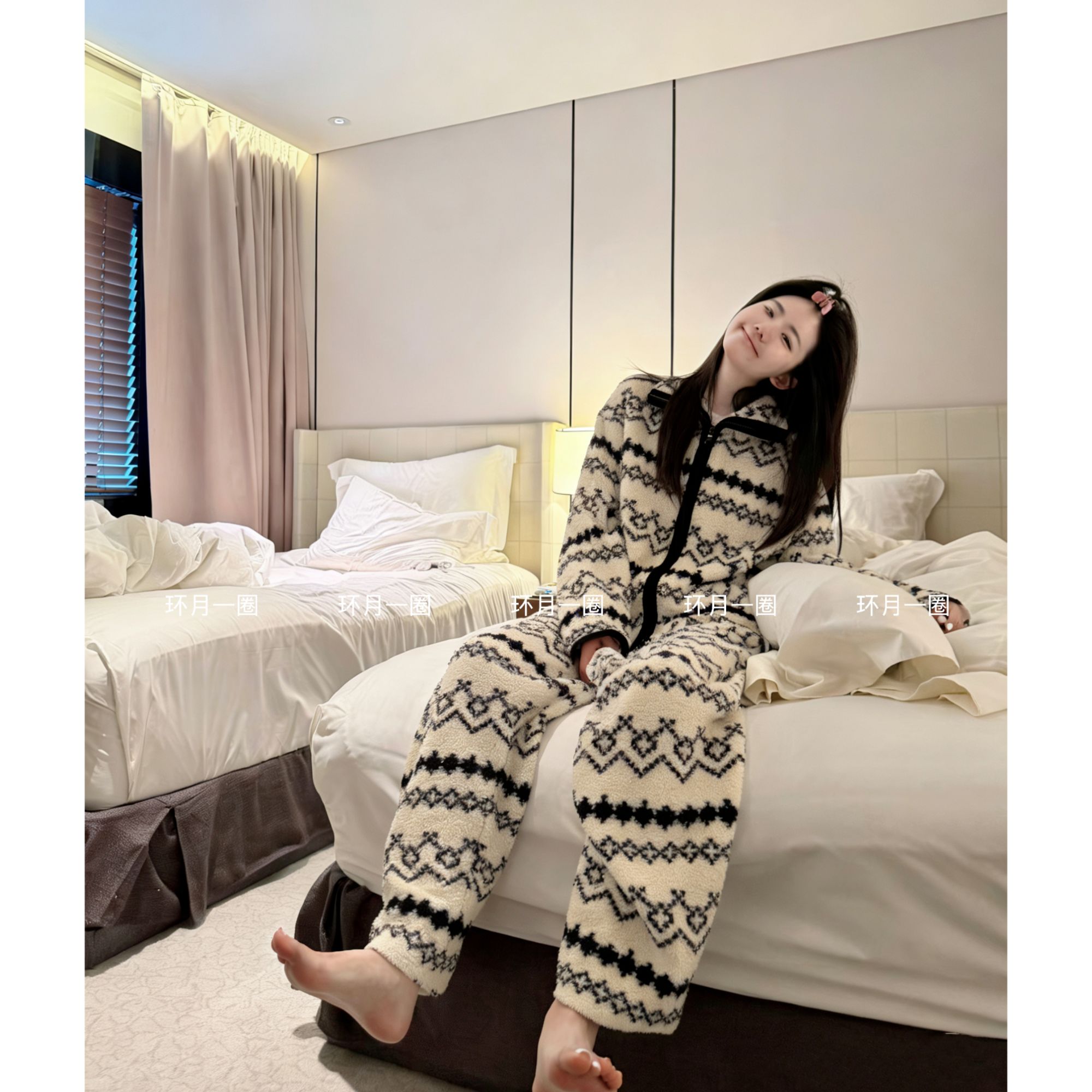 【套装米粒绒加厚】保暖宽松秋冬百搭韩版立领上衣可外出女睡衣女冬