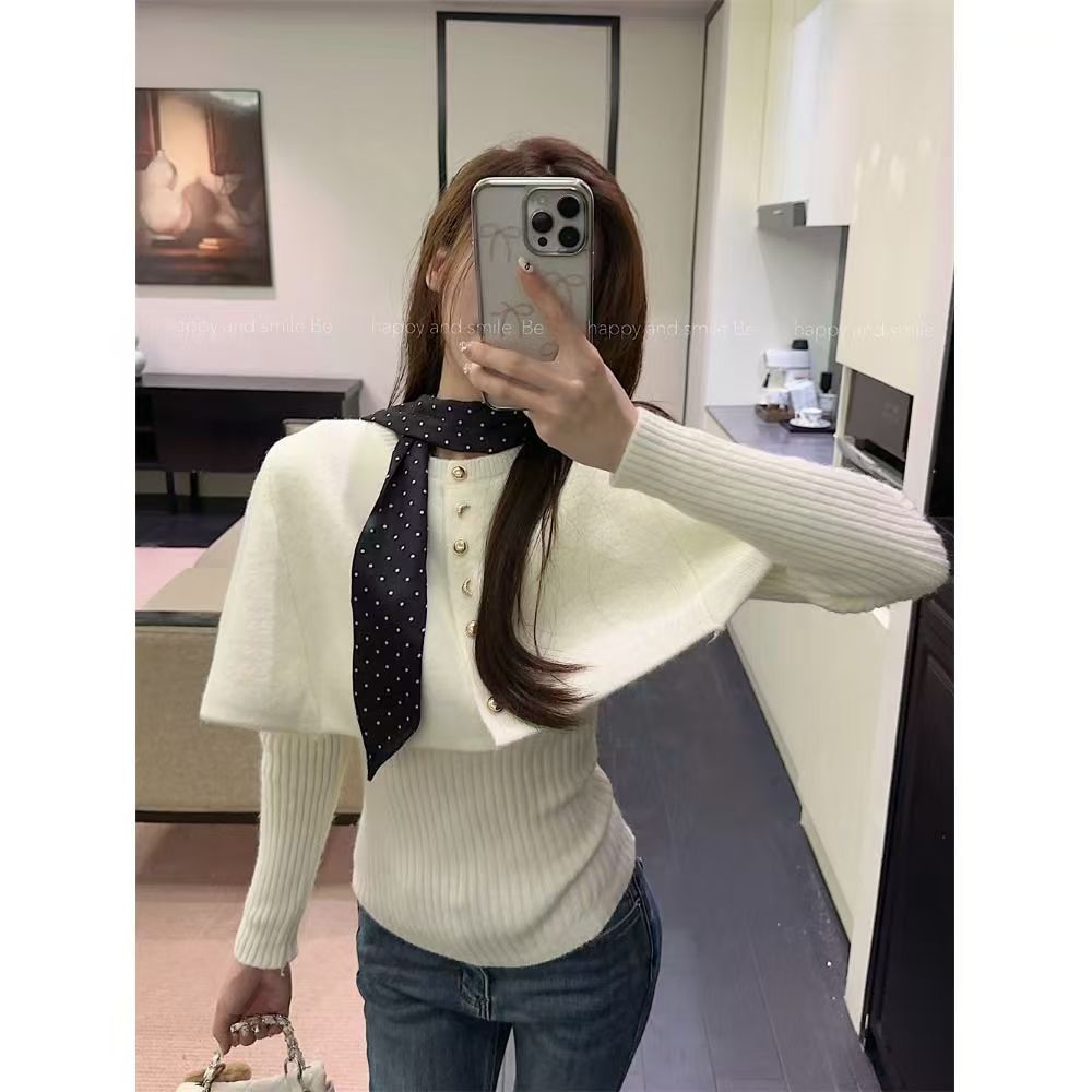 复古圆领斗篷毛衣冬季加厚披肩女两件套装软糯毛衣针织衫2025新款