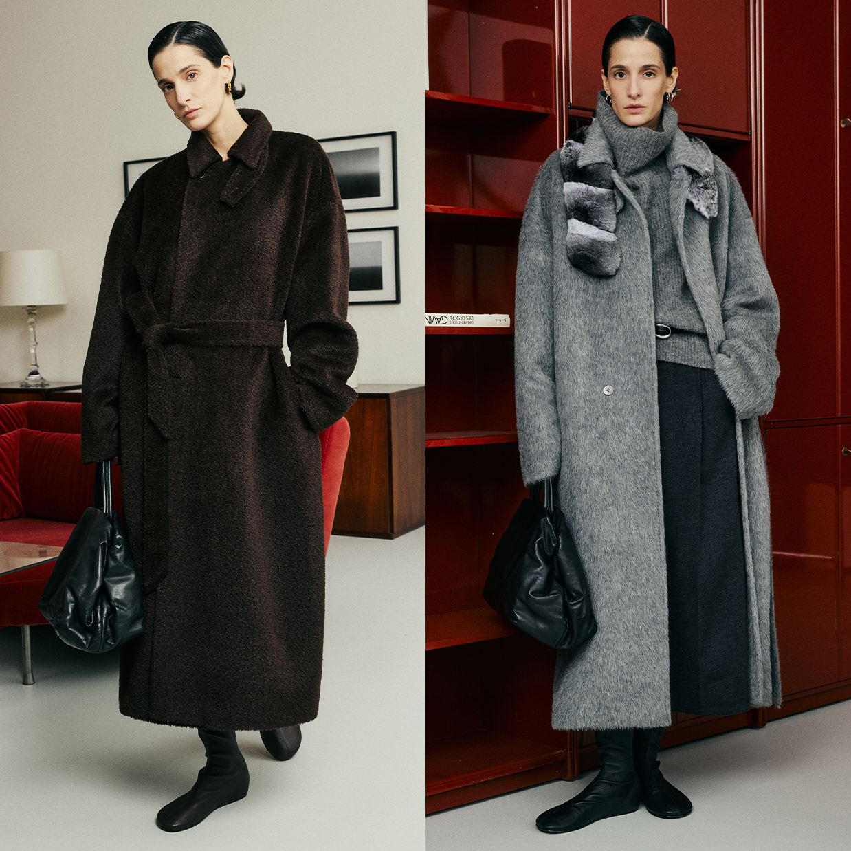 开间黑标/意大利MENCHI秘鲁INCA毛簇羊驼 系带魔毯长大衣