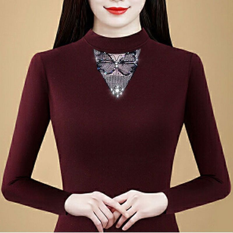 德绒秋冬新款圆领长袖烫钻时尚洋气特色蕾丝半高领气质显瘦打底衫