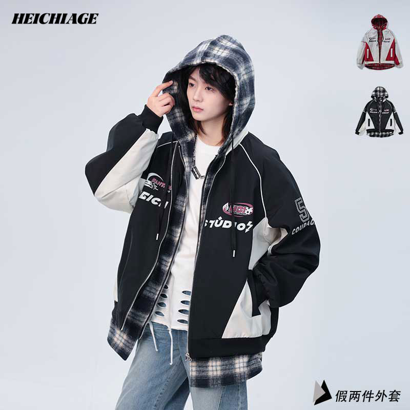 heichiage春新款美式机车格子衫假两件外套男女款情侣宽松夹克
