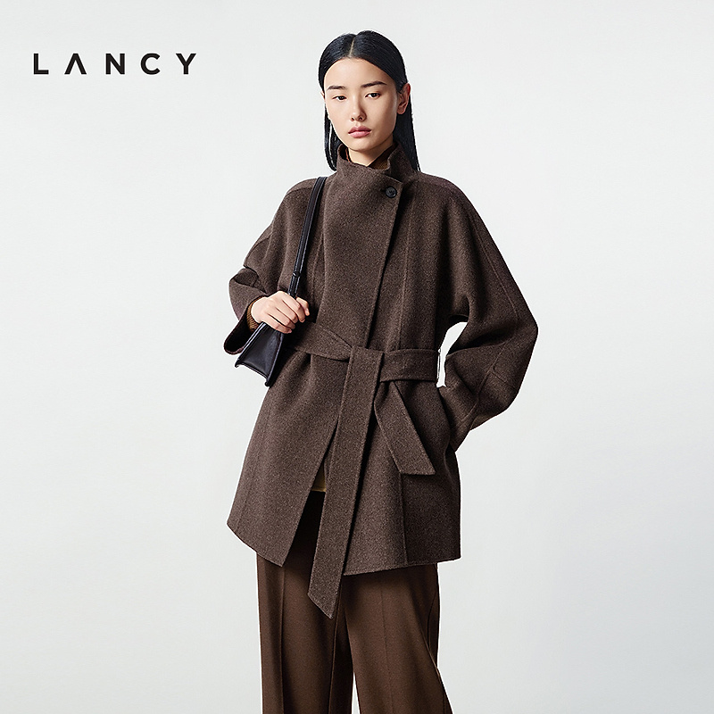 【纯羊毛】LANCY/朗姿2025冬新款双面呢中长款大衣立领毛呢外套女