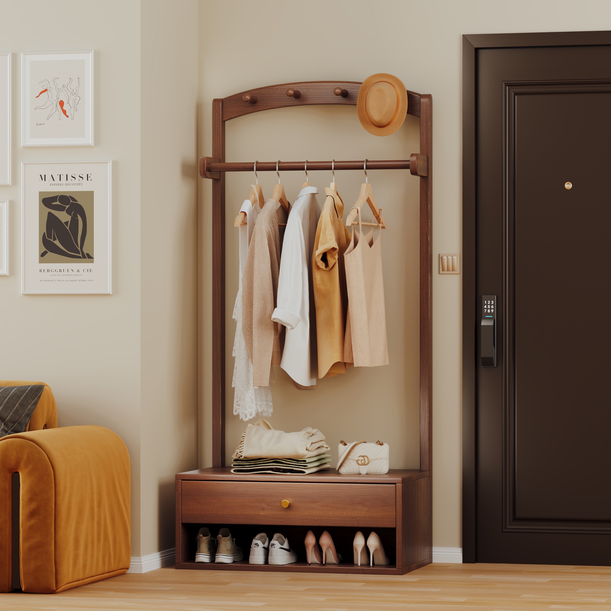 实木衣帽架换鞋凳一体家用可坐鞋架进门口可坐储物凳鞋柜