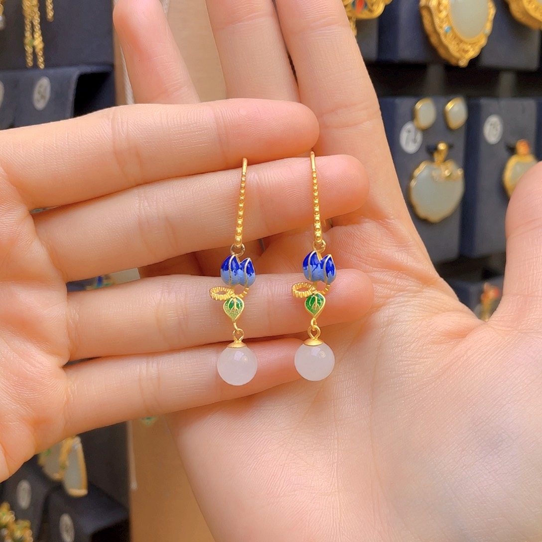 和田玉耳饰银S925镀金镶嵌