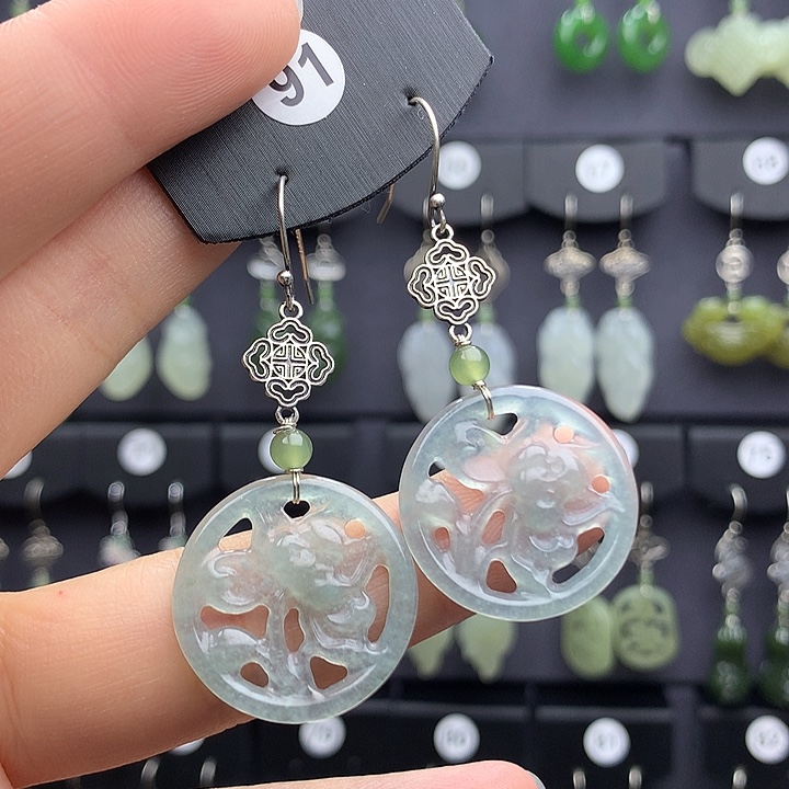 翡翠耳饰银S925镶嵌5555