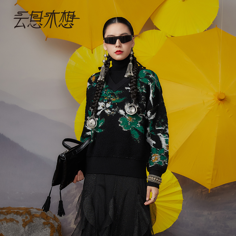 Ysimo-X云思木想 索玛姑娘 提花+钉珠+V领软糯温暖毛针织衫12458