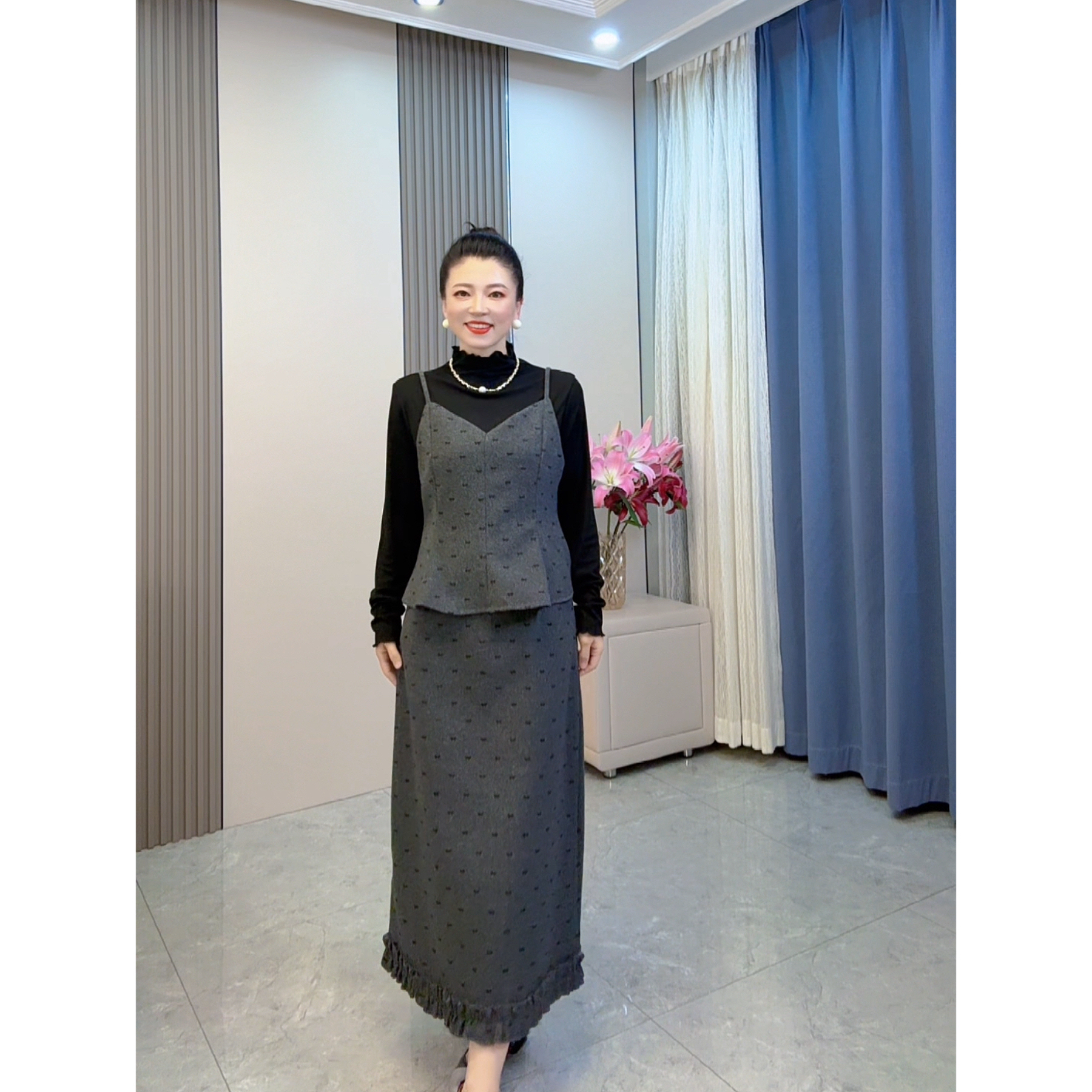 大码女装韩版时尚温柔风假两件拼接连衣裙➕打底衫套装女显瘦百搭