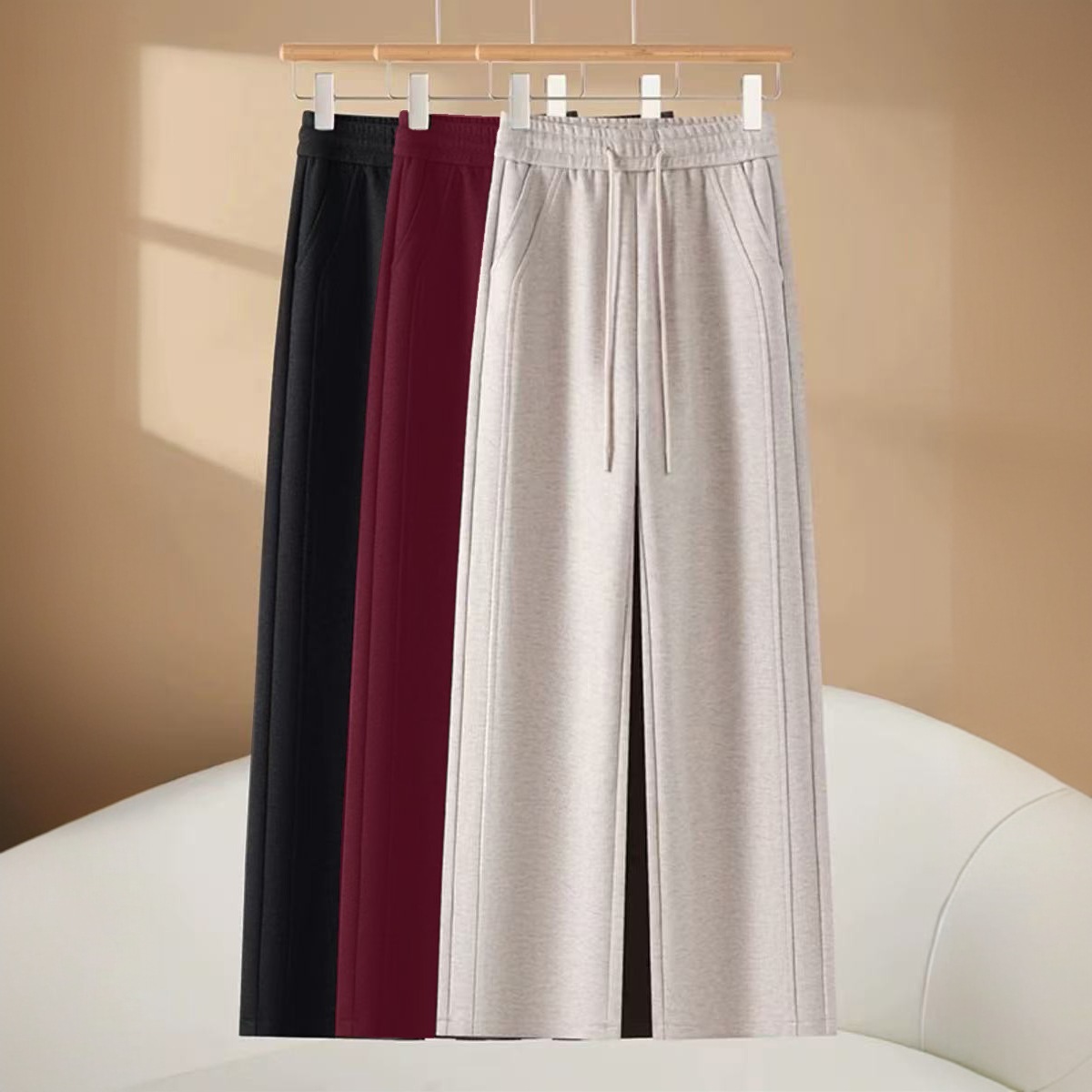 醋酸绵羊绒裤女2025春秋季新款松紧腰显瘦修身窄版高腰阔腿直筒休