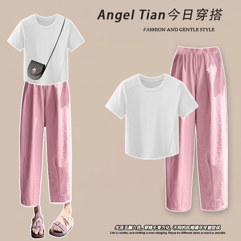 【6-8运补】休闲通勤套装女短袖圆领鱼骨线T恤搭配高腰九分裤两件套