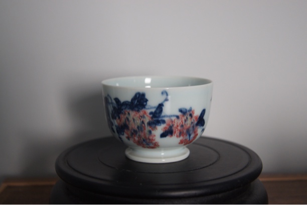 易炎窑原创手工手绘气窑高温釉下原矿青花釉里红色差放漏主人杯