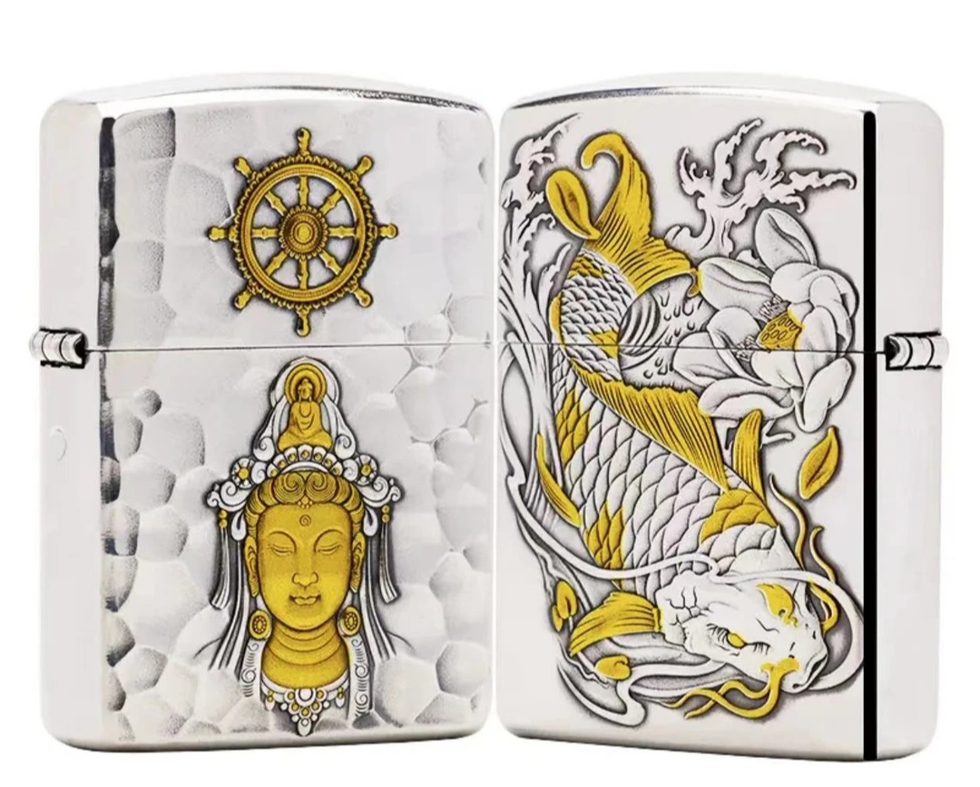 蚊版镀银鎏金观心龙鱼 双面立体浮雕盔甲打火机