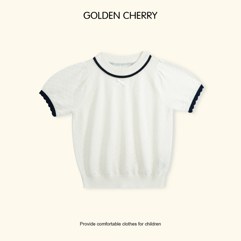 【金樱桃Golden cherry】小童白色蝴蝶结拼色边针织T恤QS071