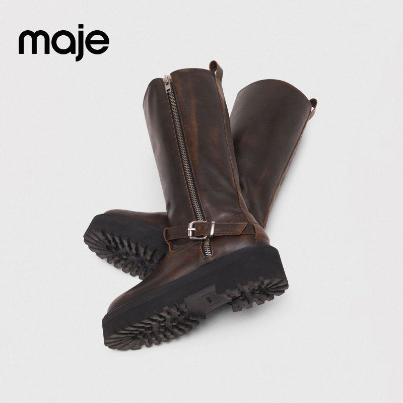 Maje2025秋冬新款法式复古侧拉链圆头牛皮革女式长靴MFACH00811