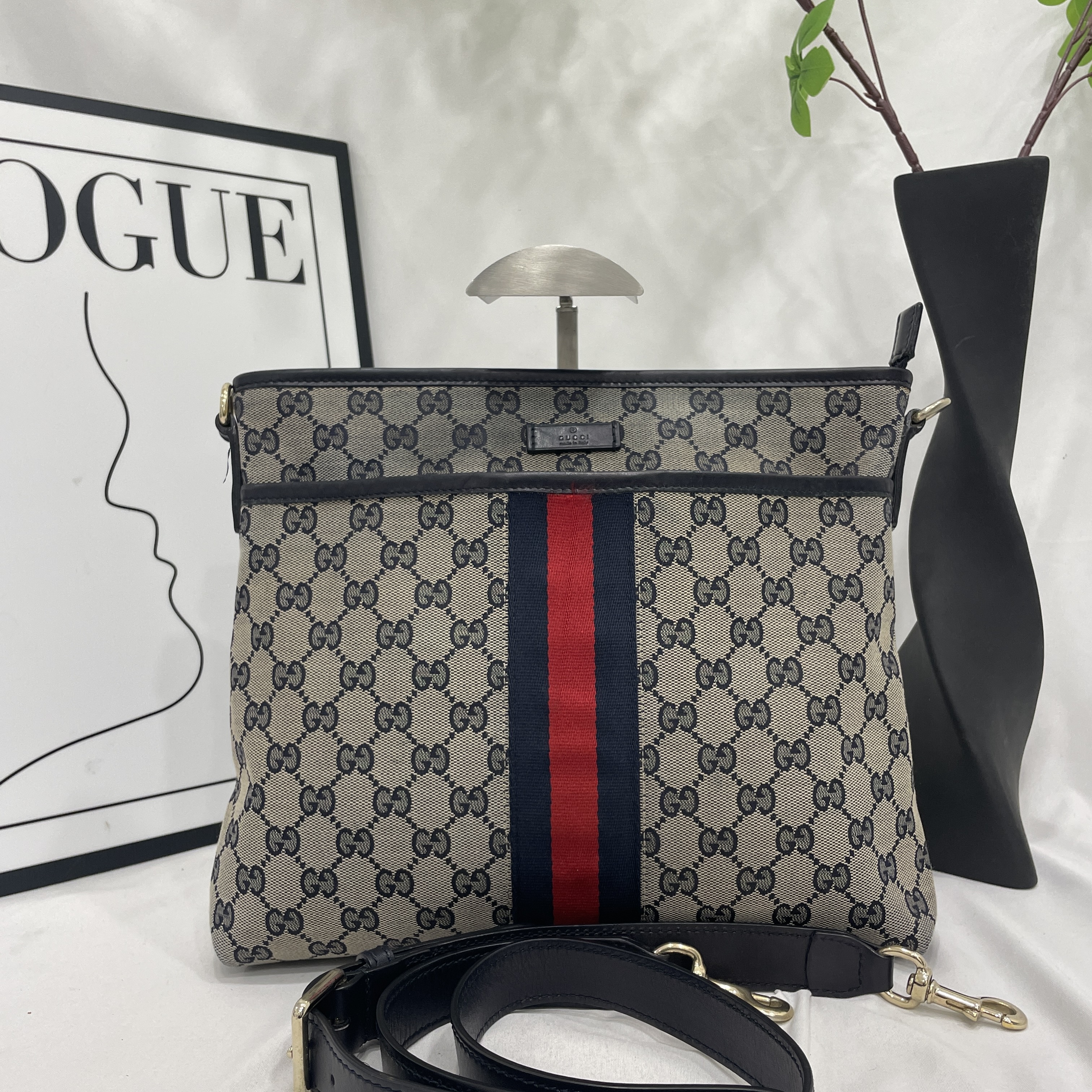 90新 GUCCI/古驰 红蓝织带斜挎包/15433