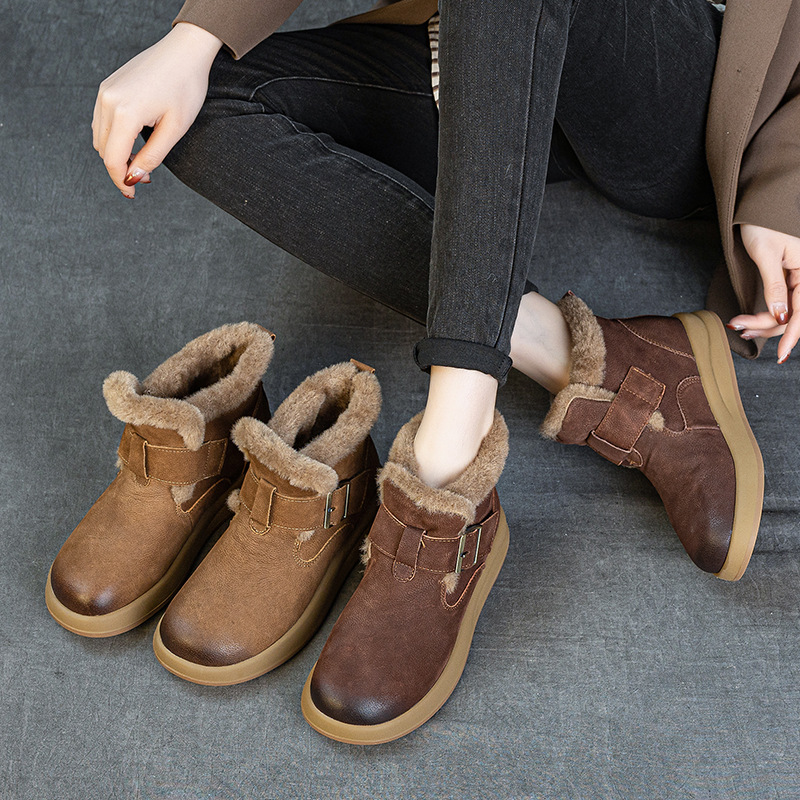 真皮保暖鞋女雪地靴头层牛皮冬季款厚底勃肯短筒靴复古舒适女棉靴
