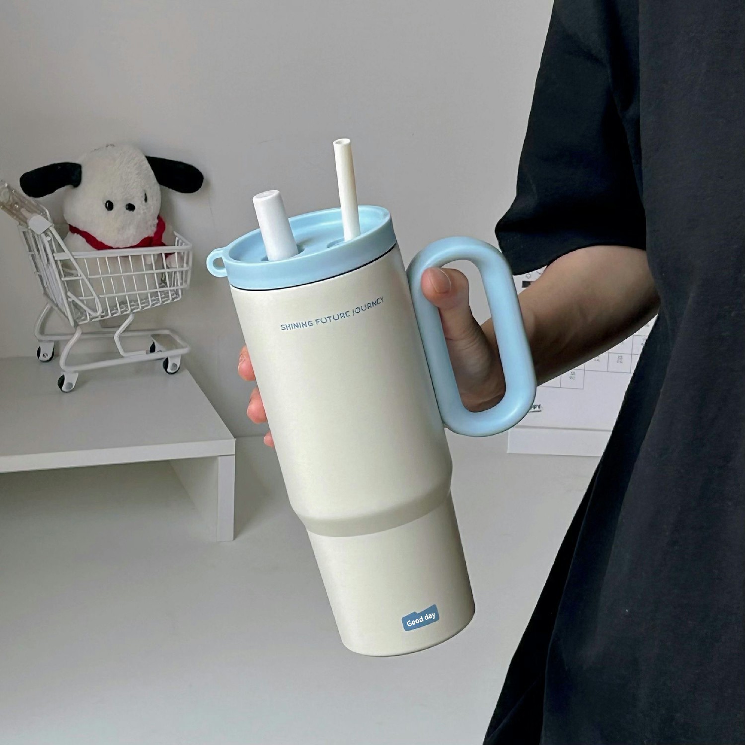 不去花卡通ins简约保温杯高颜值吸管杯316不锈钢随手杯大容量车载