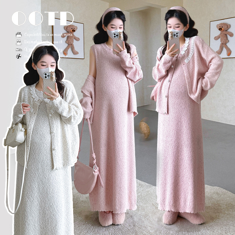 {糕糕}孕妇装2025秋冬新款韩系温柔蕾丝花边开衫+宽松背心裙套装