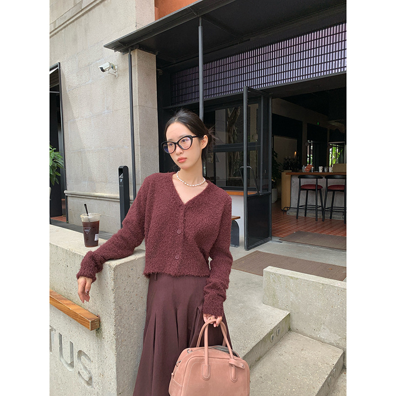 秋冬款韩系温柔风长袖针织开衫v领毛衣女F2517