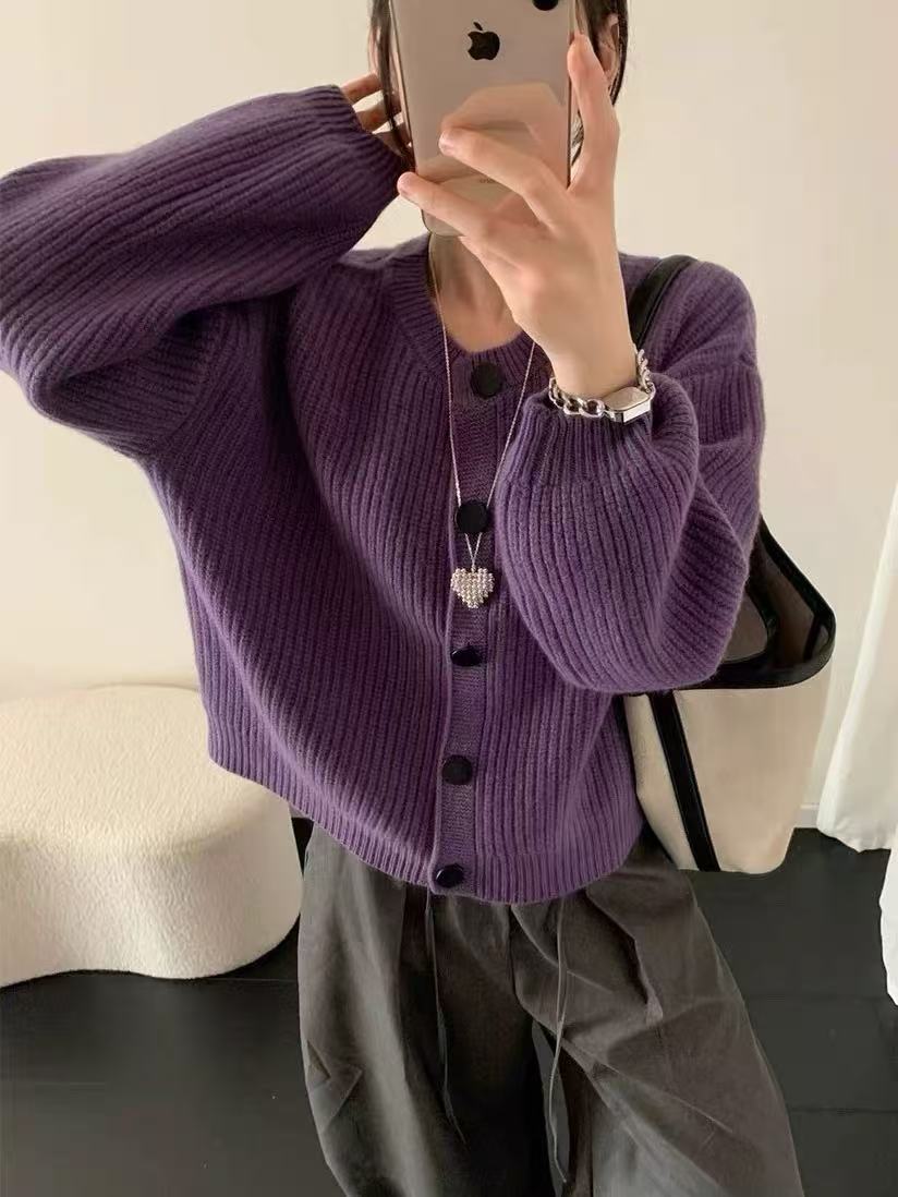 女圆领毛针织衫韩系纯色拉毛开衫显瘦网红春秋上衣