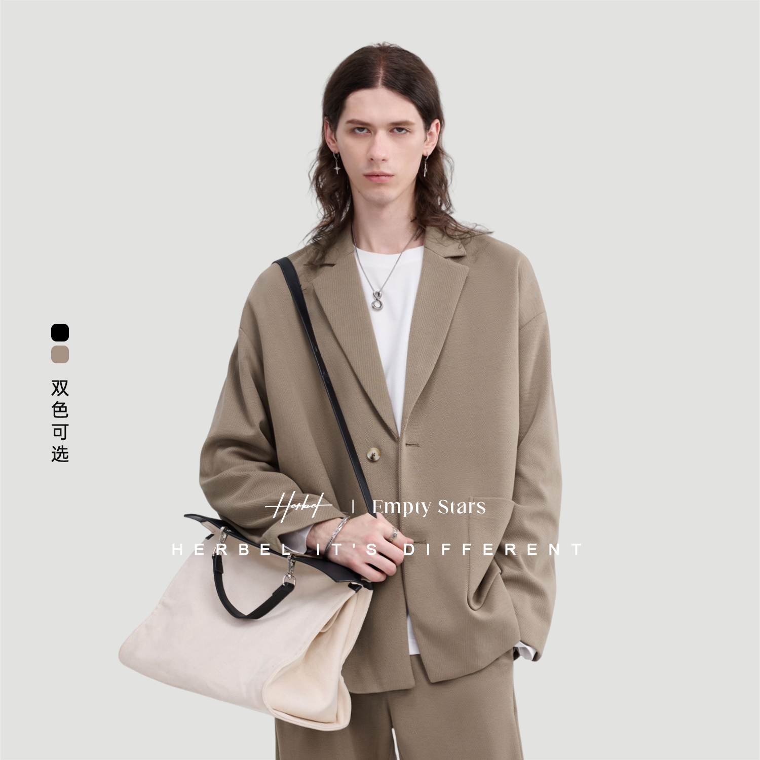 HERBEL/黑白春季新款西装时尚宽松高级感男士西服外套潮流   