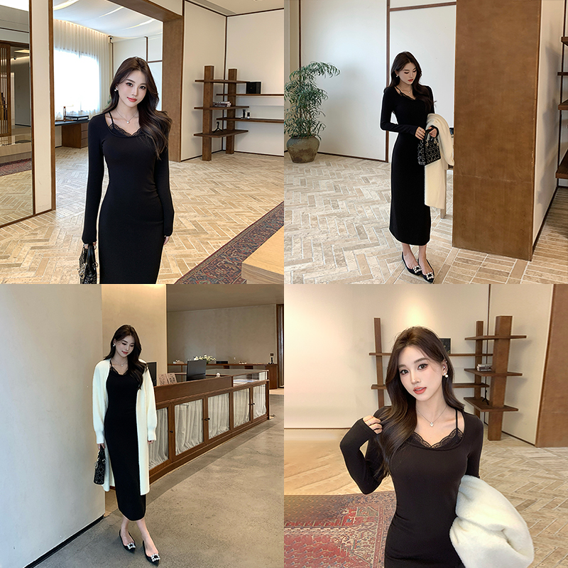 [特惠福利] 显瘦女秋冬蕾丝裙假两件U领显瘦连衣裙