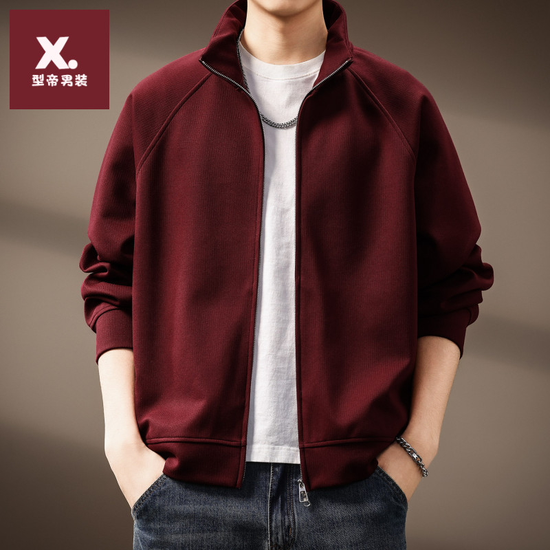 高端美式复古双拉链本命年开衫外套男士冬季新款潮流立领休闲卫衣