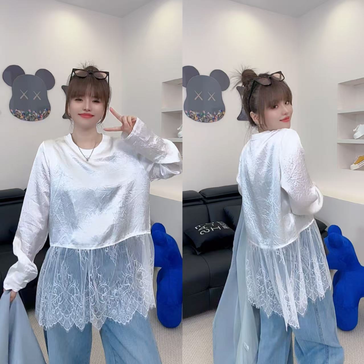 【郁儿严选】春季新款醋酸面料蕾丝拼接圆领长袖T