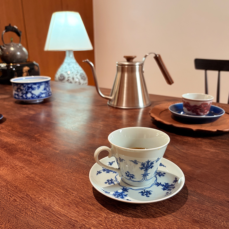宛玉 青花宝莲纹咖啡杯 盏托杯花茶杯 150ml 拿铁/卡布奇诺咖啡杯