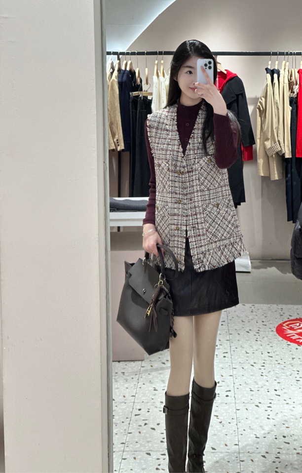 Lily宽松型春马甲马夹格子格纹秋季粗花呢女装轻奢