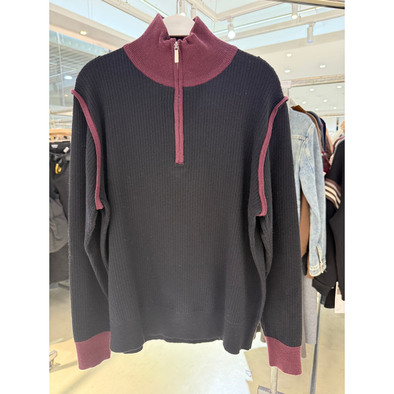 B10778秋冬新款时尚小众设计半拉链坑条纹针织毛衣
