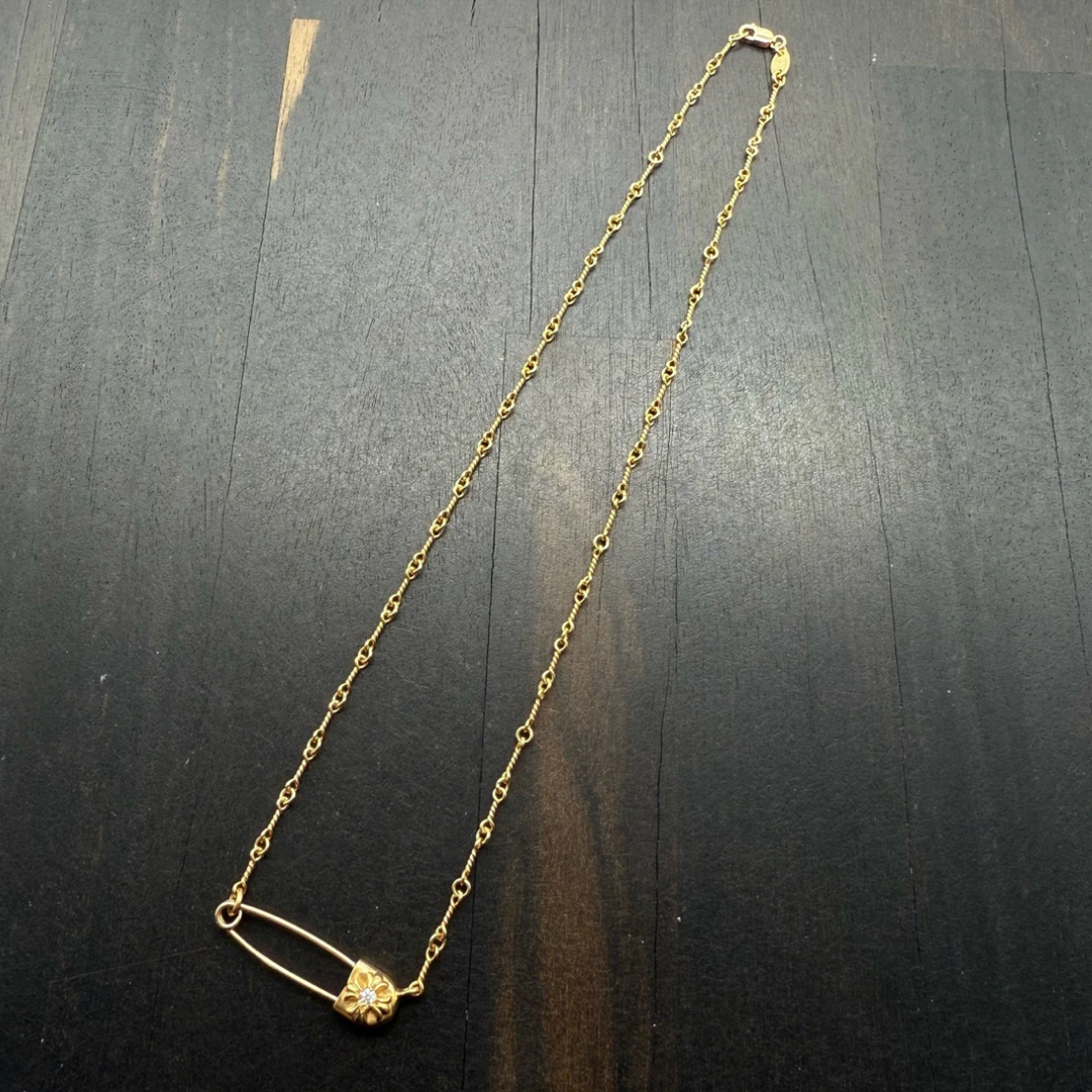 坠链均925银 克罗心别针链带钻竹节链回形针项链一体链子