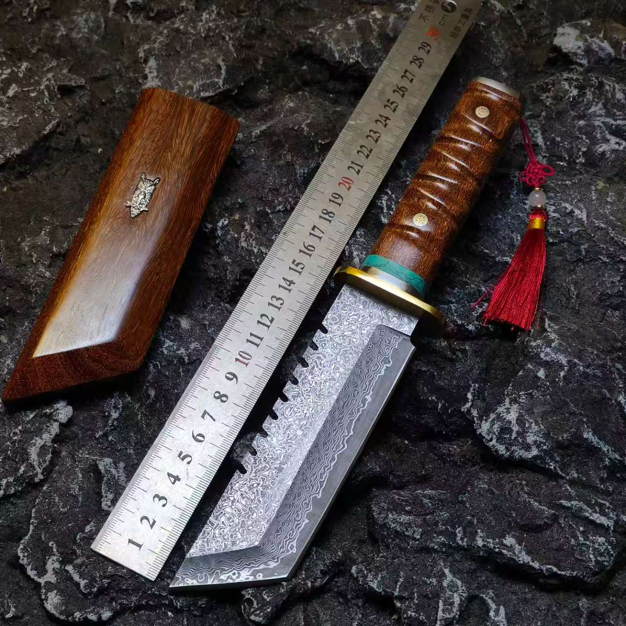 大马士革钢小直刀户外高硬度锋利野外露营登山求生多功能吃肉小刀