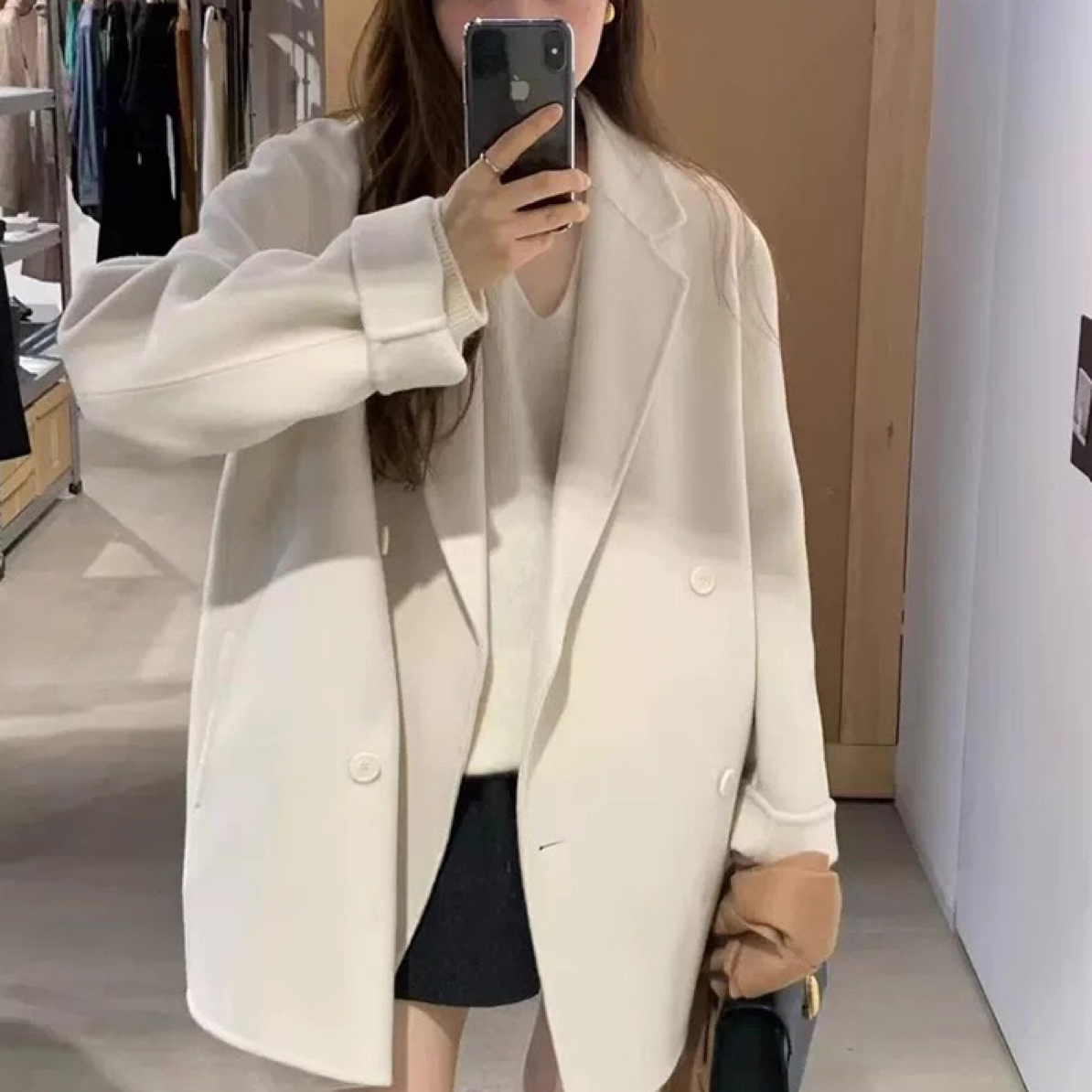 韩国东大门代购ounce双排扣中长款羊绒大衣毛呢外套