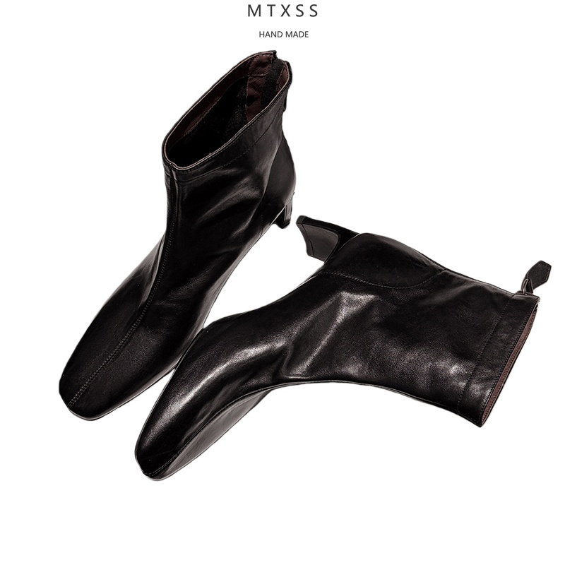 水洗头层牛皮/5.5厘米跟高/方头粗跟侧拉链女鞋简约真皮短靴M146