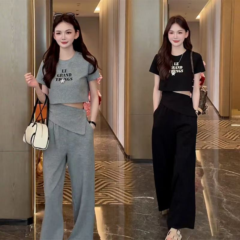 夏天穿搭一整套女装韩版爆款小个子显瘦显高短袖上衣休闲裤两件套