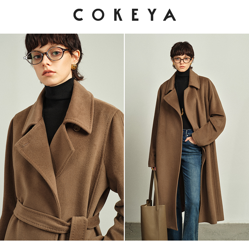 COKEYA/轻暖“软金”~ 高奢绒中长款直筒长袖大衣毛呢外套